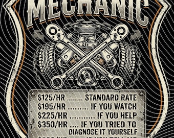 Mechanic Hourly Rate PNG, Auto Repair Sublimation Design, Funny Garage Clipart Digital Download, Vintage Mechanic Shield PNG.