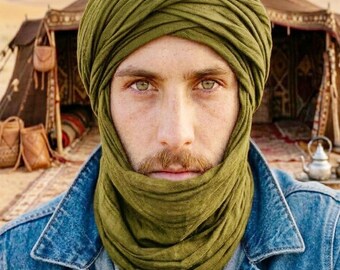 Olive Green Linen Tribal Desert Scarf, Unisex Head Wrap, Lightweight Neck Gaiter