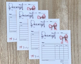May include: Four white receipts with a pink bow illustration. The word "Receipt" is written in cursive at the top. The receipts have sections for item, quantity, price, and total. The text "Thank you so much for your order!" is at the bottom.