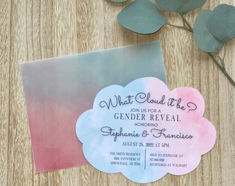What Cloud it be? Printed Gender Reveal Invitations, Cloud Baby Invitations, Cloud it be He or She Invitations, Blue Pink Cloud Party Invite