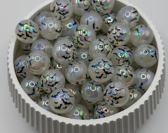 16mm Beads for Beadable Pens, Bat Printed Beads, Halloween Beads, Halloween Glow in the dark Beads, Halloween beads for pens, Bat Beads, 5pc