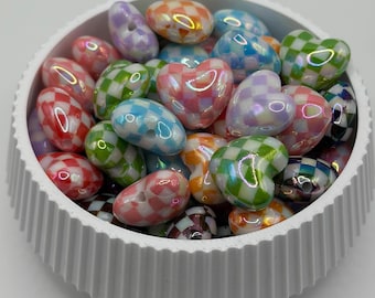 Heart Checkered Beads, Beads for Beadable Pens, Electroplating uv acrylic, Retro Beads, Trendy Beads for pens, Popular Beads for pens, 10pc