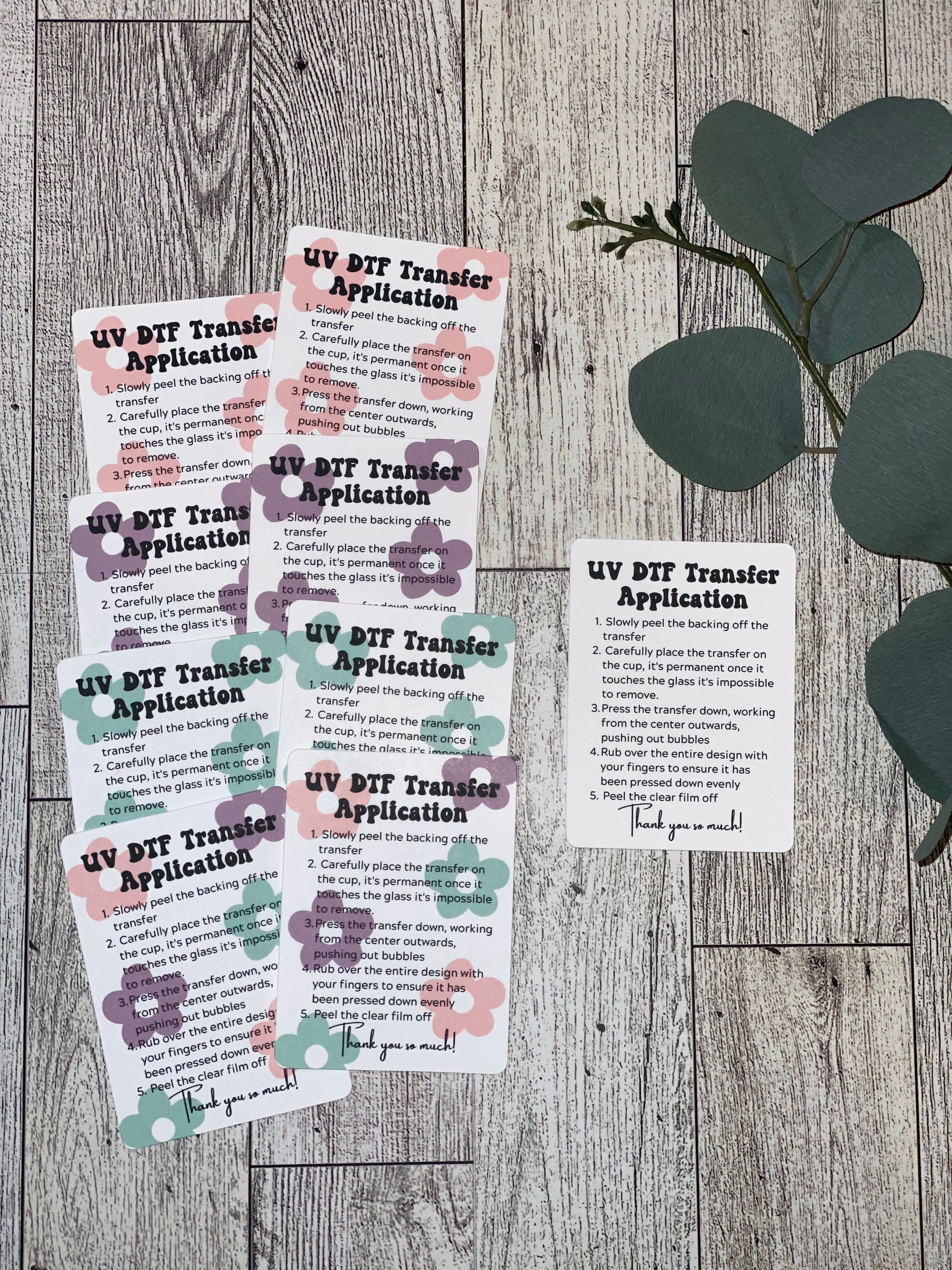 Printed UV Dtf Cup Wrap Application Instructions, UV Wrap Transfer Application Cards, UV Dtf Glass Can Wrap Application Instruction Cards