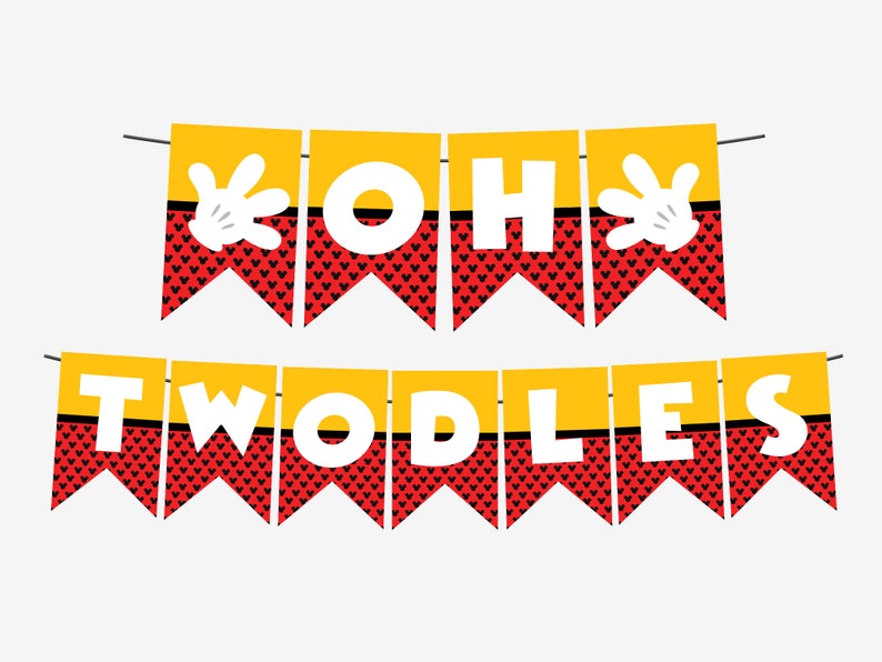 May include: A yellow and red banner with black Mickey Mouse ears and the text "Oh Twoodles".