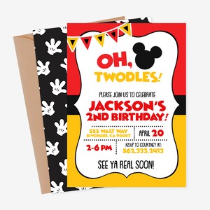 May include: A red, yellow, and black birthday invitation with a Mickey Mouse head silhouette. The invitation says "Oh, Twodles!" and "Jackson's 2nd Birthday!" with a date of April 20th and a time of 2-6 PM. The invitation also includes an address and RSVP information.