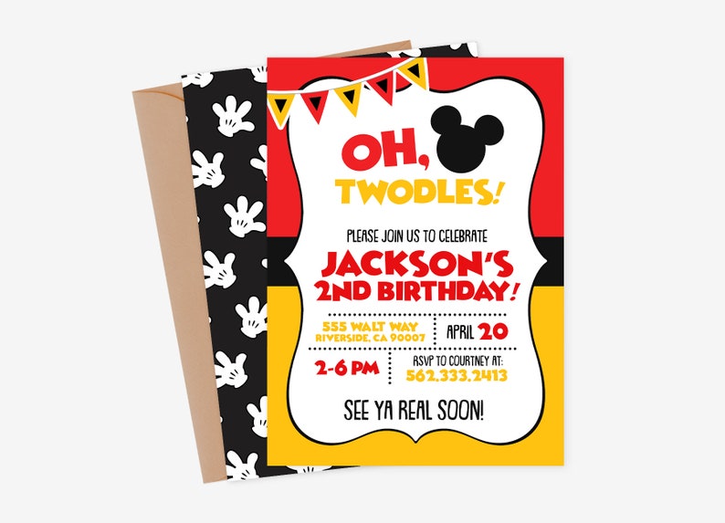 May include: A red, yellow, and black birthday invitation with a Mickey Mouse head silhouette. The invitation says "Oh, Twodles!" and "Jackson's 2nd Birthday!" with a date of April 20th and a time of 2-6 PM. The invitation also includes an address and RSVP information.