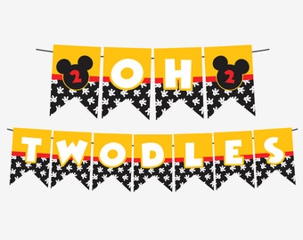Pancarta de Mickey Mouse "Oh Twodles", imprimibles para el segundo cumpleaños (descarga digital)