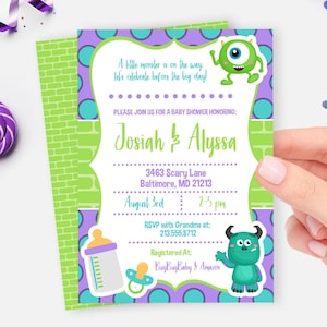 May include: A purple and green baby shower invitation with a cartoon monster on the front. The invitation says "A little monster is on the way, let's celebrate before the big day!" and includes the names "Josiah & Alyssa".
