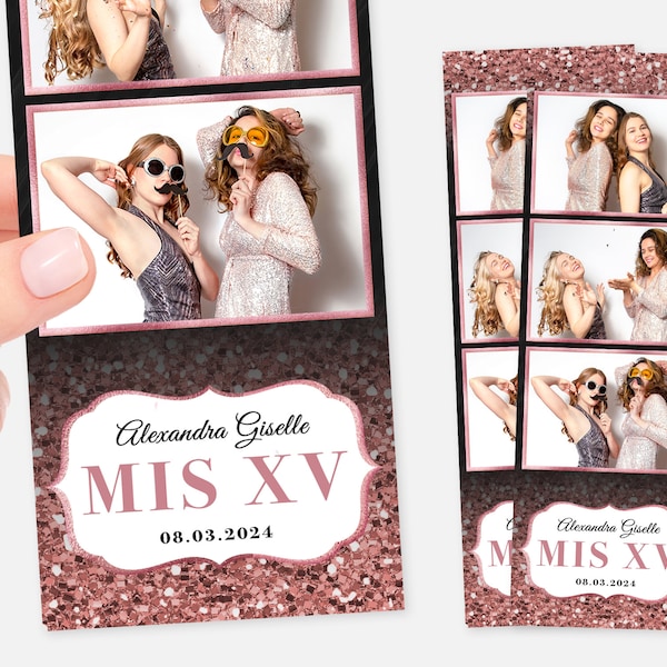 Quinceañera Photo Booth Template, 2x6, Strip, Rose Gold, Birthday Template, Celebration, Sweet 16, Sixteen, Glitter, Prom Photo Booth