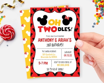 Mickey Mouse Twin Invite | Twin Birthday Invite | Oh Twodles Twin Birthday | Mickey and Minnie Birthday Invitation | Editable | 2nd Birthday
