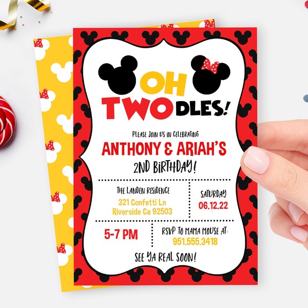 May include: Red and yellow birthday invitation with Mickey Mouse and Minnie Mouse ears. The invitation says "Oh Twodles!" and "Anthony & Ariah's 2nd Birthday!" The invitation includes the date, time, and location of the party.