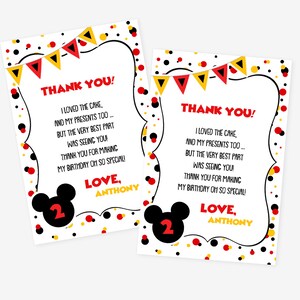 May include: Two thank you cards with a Mickey Mouse theme. The cards are white with red, yellow, and black polka dots. The text on the cards reads "Thank You!" and includes a message about the birthday party. The cards feature a black Mickey Mouse head with a red number 2 on it.