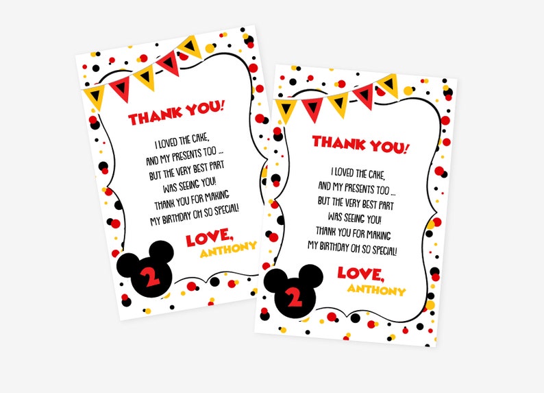 May include: Two thank you cards with a Mickey Mouse theme. The cards are white with red, yellow, and black polka dots. The text on the cards reads "Thank You!" and includes a message about the birthday party. The cards feature a black Mickey Mouse head with a red number 2 on it.