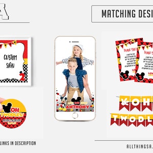 K&ouml;nnte beinhalten: Ein Set mit druckbaren Partydekorationen mit Mickey Mouse und dem Text "Oh Twodles!" in Rot, Gelb und Schwarz. Das Set beinhaltet ein Banner, Dankeskarten, ein individuelles Schild und eine Fotobox-Requisite.