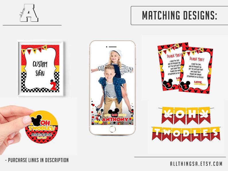 K&ouml;nnte beinhalten: Ein Set mit druckbaren Partydekorationen mit Mickey Mouse und dem Text "Oh Twodles!" in Rot, Gelb und Schwarz. Das Set beinhaltet ein Banner, Dankeskarten, ein individuelles Schild und eine Fotobox-Requisite.