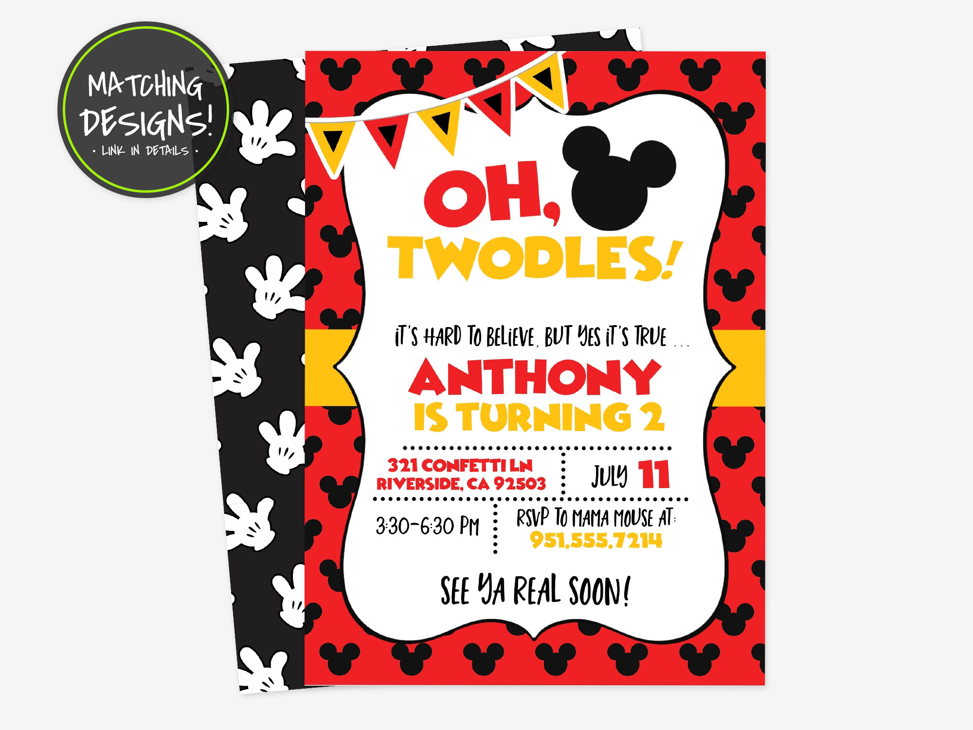 Mickey Mouse Thank You Card Oh Twodles Birthday Invite (digital Instant ...