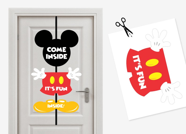 May include: A printable door decoration featuring Mickey Mouse. The decoration is made up of separate pieces that can be cut out and assembled. The pieces include Mickey Mouse's head, ears, hands, shorts, and shoes. The text "Come Inside", "It's Fun", and "Inside!" is included on the decoration.