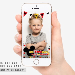 May include: A smartphone screen displaying a photo booth template with a Mickey Mouse theme. The template features red and yellow confetti, Mickey Mouse ears, and the text "Oh Twodles!" and "Tony's 2nd Birthday".
