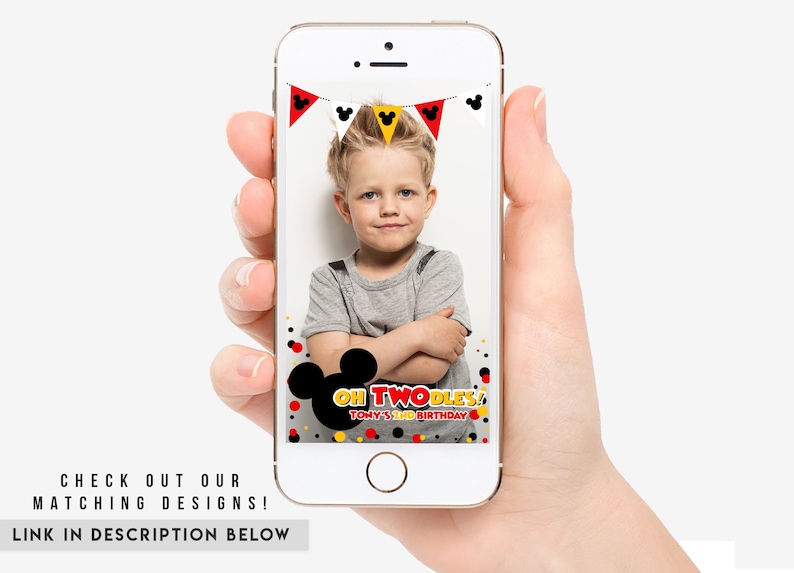May include: A smartphone screen displaying a photo booth template with a Mickey Mouse theme. The template features red and yellow confetti, Mickey Mouse ears, and the text "Oh Twodles!" and "Tony's 2nd Birthday".