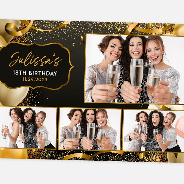 Birthday Photo Booth Template, 4x6, Black, Gold, Balloons, Celebration, Anniversary, Confetti, Balloons, Quinceañera, Graduation Template