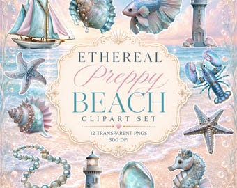 Ethereal Preppy Coastal Clipart Png, Hamptons Clipart, Ethereal Beach PNG, Ocean Trinkets Clipart, Pearlescent Shells, Coastal Wedding PNG