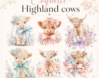 Coquette Cows Highland Cow Clipart, Cows With Bows PNG, Highland Cows PNG, Wildflower Cows, Sublimation DTF Clipart Bundle, Coquette Bows