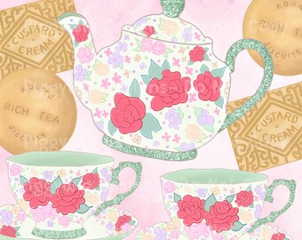 花柄ティータイムクリップアートセット、ヴィンテージティーポット、ビスケット（デジタルダウンロード）手描きクリップアート