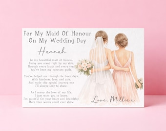 Personalised Wedding Day Thank you Card from Bride, Personalised Maid Of Honour Wedding Day Card, Poem Card for Maid Of Honour, Linen Card