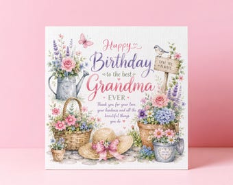 Birthday Card for Grandma Granny Grandmother, Floral Gardening Card For Grandmother Birthday Card, 6x6 Linen Greeting, Keepsake Card UK