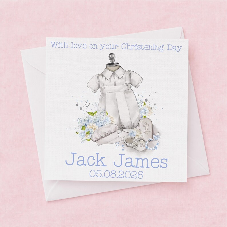 Personalised Christening Card for Baby Boy, Custom Name Baptism Keepsake, Linen 300gsm, Naming Day, New Baby Gift