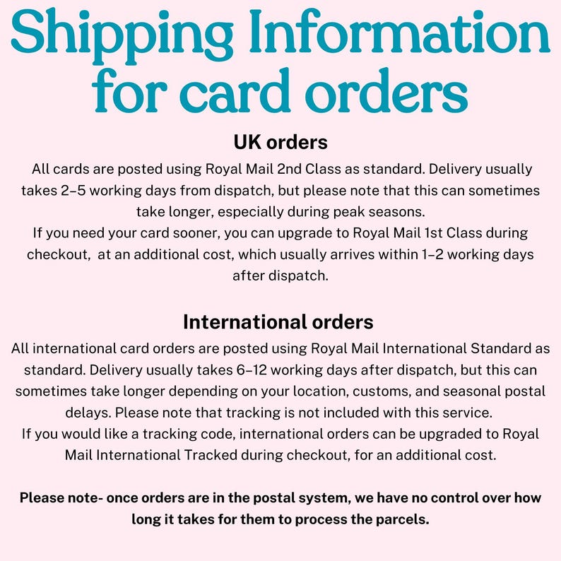 May include: Text on a white background reads "Shipping Information for card orders." Details include UK and International order shipping times and options for faster delivery.