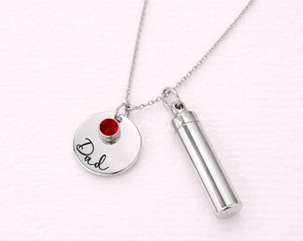 Personalised Urn Necklace for Ashes, Engraved Stainless Steel Keepsake with Birthstone Charm, Memorial Sympathy Gift