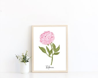 Peony Fine Art Print, Personalized Hand Illustrated Flower with Name, Botanical Print, Peony Wall Art, Flower Art, Giclee Fine Artwork Print