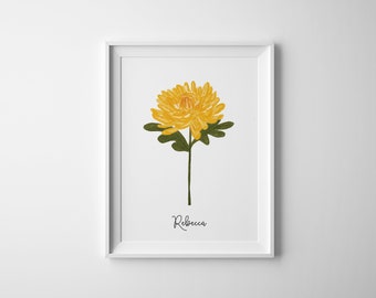 Chysanthemum Fine Art Print, Personalized Hand Illustrated Flower with Name, Botanical Print, Wall Art Flower Decor, Giclee Print, Girl room