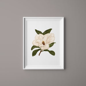 Magnolia Art Print, Hand Illustrated Flower, Botanical Print, White Magnolia Wall Art, Flower Art Print, Living Room Decor, Bedroom Decor