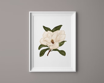 Magnolia Art Print, Hand Illustrated Flower, Botanical Print, White Magnolia Wall Art, Flower Art Print, Living Room Decor, Bedroom Decor