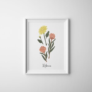 Floral Fine Art Print, Personalized Hand Illustration with Name, Botanical Print, Wall Art, Giclee Floral Print, Bedroom Home Art, Teen Gift