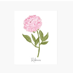 Peony Fine Art Print, Personalized Hand Illustrated Flower with Name, Botanical Print, Peony Wall Art, Flower Art, Giclee Fine Artwork Print