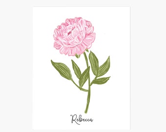 Peony Fine Art Print, Personalized Hand Illustrated Flower with Name, Botanical Print, Peony Wall Art, Flower Art, Giclee Fine Artwork Print