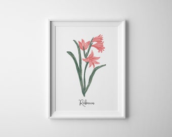 Gladiolus Flower Fine Art Print, Personalized Hand Illustrated Name Floral, Botanical Print, Wall Art, Giclee Printing, Home Decor Teen Girl