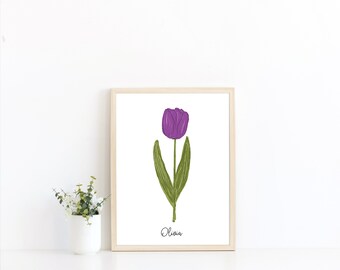 Personalized Tulip Fine Art Print, Hand Illustrated Flower, Botanical Print, Tulip Wall Art, Flower Art, Giclee Fine Artwork Print