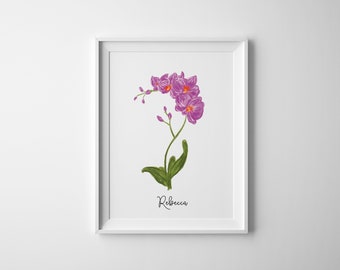 Orchids Fine Art Print, Personalized Hand-Illustrated Flower Name, Botanical Wall Decor, Giclee Floral Print, Home Art Purple Teen Girl Room