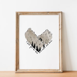 I love you to the mountains and back- watercolor heart wall art print digital download 8x10 custom drawing