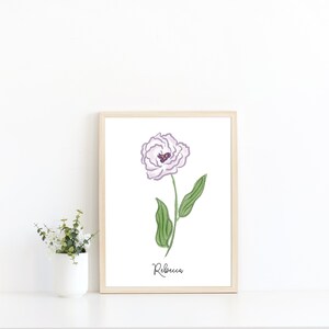 Lisianthus Flower Fine Art Print, Personalized Hand Illustration with Name, Botanical Print, Wall Art, Giclee Floral Print, Bedroom Home Art