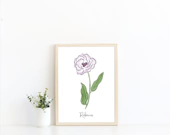 Lisianthus Flower Fine Art Print, Illustration personnalisée à la main avec nom, Imprimé botanique, Art mural, Imprimé floral Giclee, Bedroom Home Art