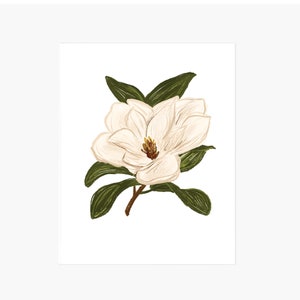 Magnolia Art Print, Hand Illustrated Flower, Botanical Print, White Magnolia Wall Art, Flower Art Print, Living Room Decor, Bedroom Decor