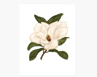 Magnolia Art Print, Hand Illustrated Flower, Botanical Print, White Magnolia Wall Art, Flower Art Print, Living Room Decor, Bedroom Decor
