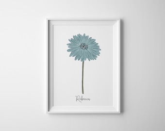 Gerber Daisy Flower Fine Art Print, Personalized Hand Illustrated Name Floral, Botanical, Wall Decor, Giclee Print, Home Art Blue Teen Girl