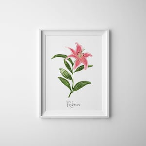 Star Gazer Lily Fine Art Print, Personalized Hand Illustration with Name, Botanical Print, Giclee Floral Print, Bedroom Wall Home Teen Decor image 1