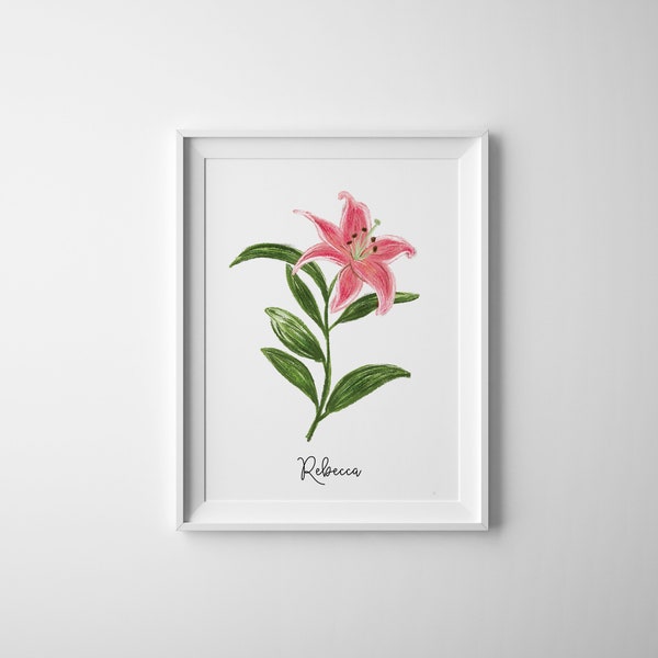 Star Gazer Lily Fine Art Print, Personalized Hand Illustration with Name, Botanical Print, Giclee Floral Print, Bedroom Wall Home Teen Decor